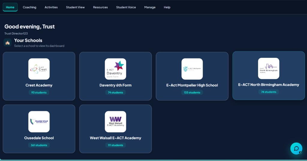 E-ACT trust portal showing six sixth forms on one platform