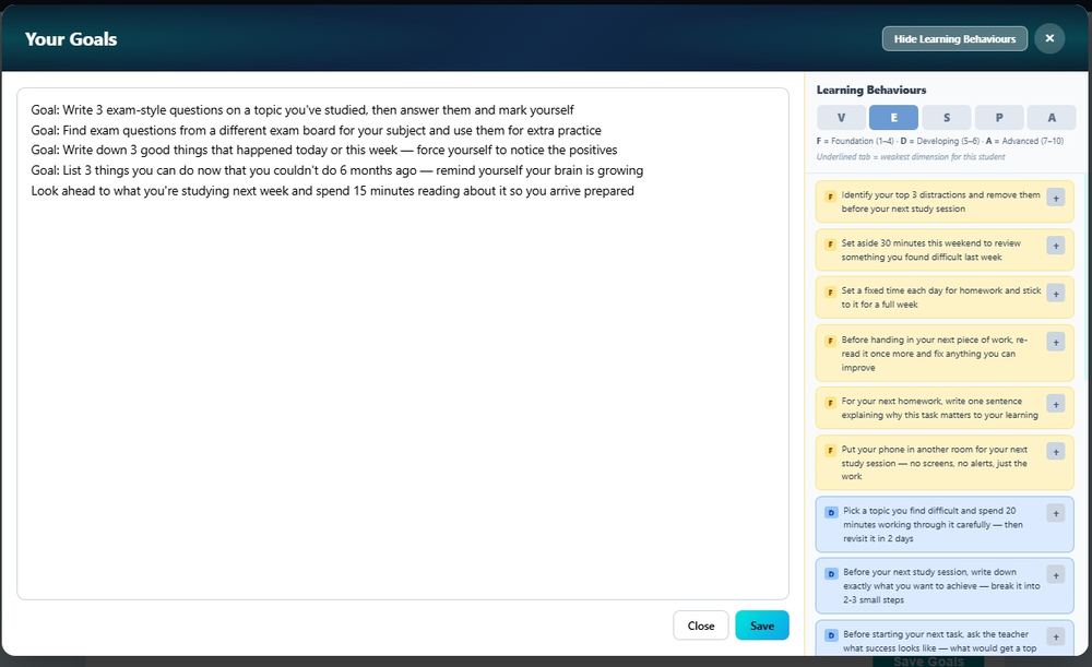 Your Goals modal with learning behaviour suggestions