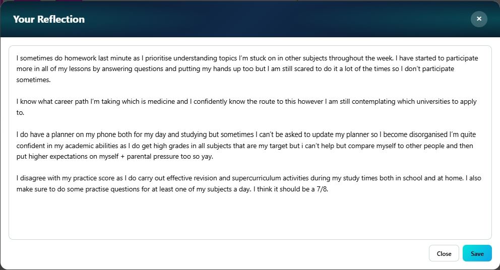 Your Reflection modal with a student-written reflection