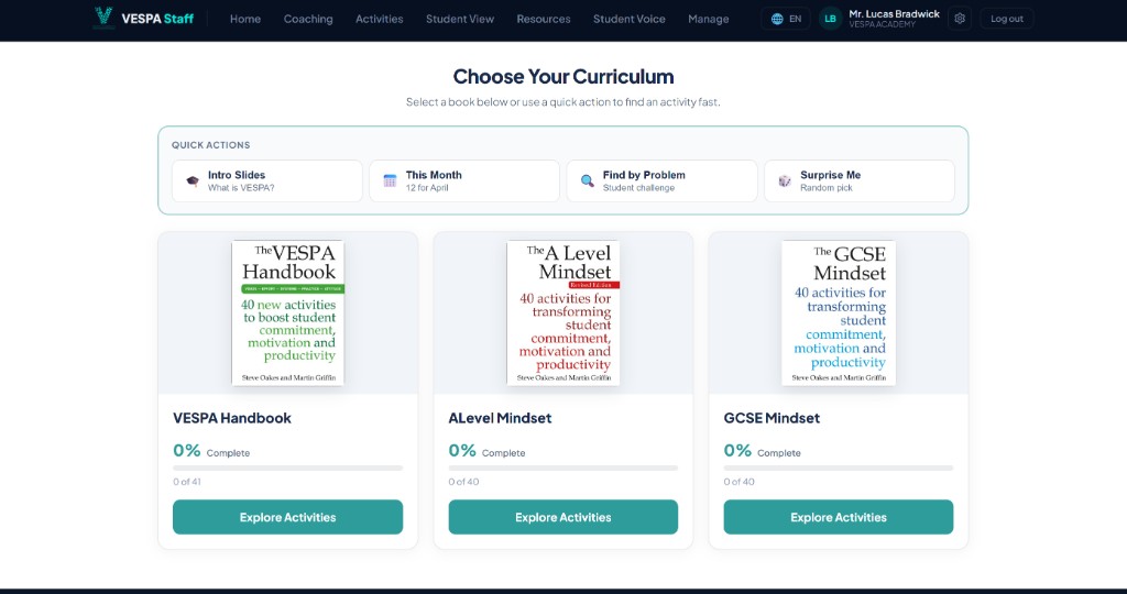 Curriculum activities with VESPA books