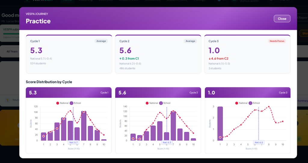VESPA Journey showing cross-cycle score progression