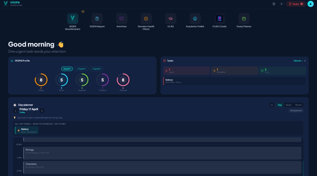 Student Hub with VESPA scores and task board