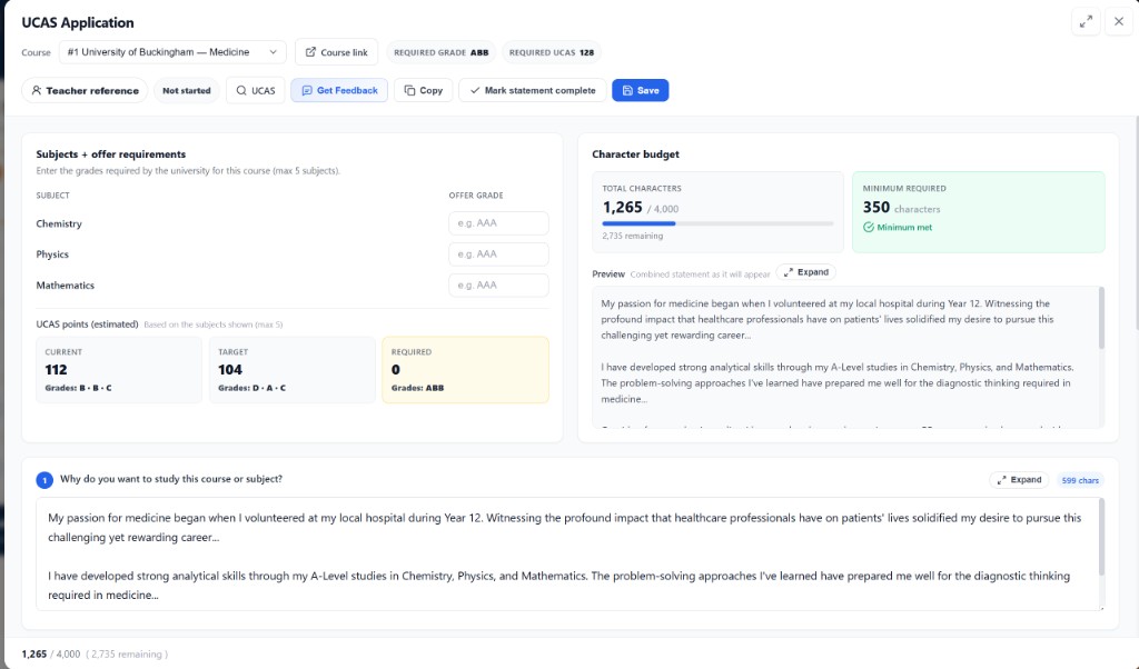 UCAS Application with personal statement editor