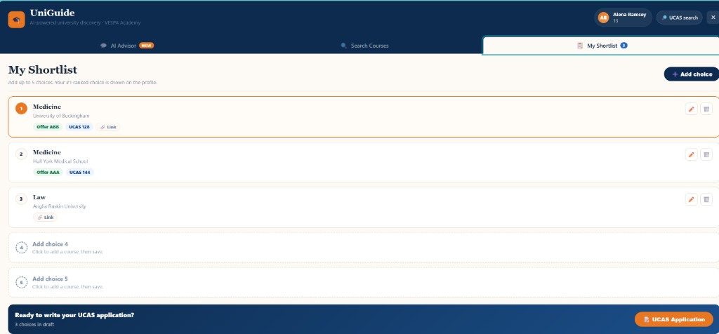 University shortlist with UCAS points